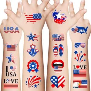 4th of July Temporary Tattoos - 90Pcs American Flag Red White Blue Tattoo Stickers - Fourth of July Party Favors for Memorial Day Independence Day Patriotic Decorations Party Supplies
