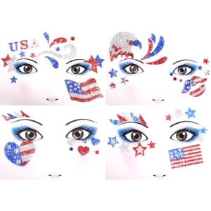 Boko Independence Day Face Stickers, 4Pcs Red White Blue 4th of July Temporary Tattoos for Patriotic Glitter Makeup, Self Adhesive Art Sticker Face Tattoos for Memorial Day Veterans Day Flag Party
