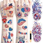80PCS 4th of July Temporary Tattoos, Red White Blue Glitter Set - Patriotic Accessories Kit for USA Independence Day, Fourth of July Party, Face & Body Art - Stars & Stripes Celebration Decorations