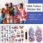 80PCS 4th of July Temporary Tattoos, Red White Blue Glitter Set - Patriotic Accessories Kit for USA Independence Day, Fourth of July Party, Face & Body Art - Stars & Stripes Celebration Decorations
