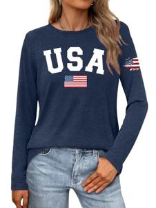 LAZYCHILD 4th of July Shirts for Women: Fourth of July T-Shirt USA American Flag Long Sleeve Patriotic Tops