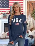 LAZYCHILD 4th of July Shirts for Women: Fourth of July T-Shirt USA American Flag Long Sleeve Patriotic Tops