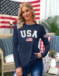 LAZYCHILD 4th of July Shirts for Women: Fourth of July T-Shirt USA American Flag Long Sleeve Patriotic Tops
