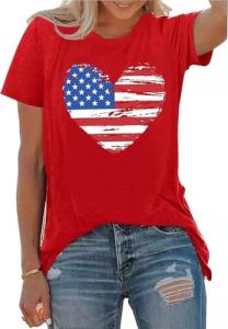 kfulemai Womens American Flag Heart Shirts 4th of July Print T-Shirt Patriotic Graphic Tee Independence Day Short Sleeve(XL,Red-2)