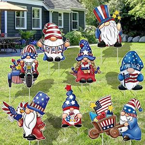 Jetec 8 Pieces 4th of July Yard Sign Independence Outdoor Lawn Decor Patriotic Waterproof Plastic Sign Decorative Holiday Gnomes Yard Sign with 16 Stakes for Holiday Garden Decor