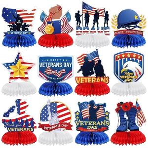 Cholemy 12 Pcs Veterans Day Table Decorations Patriotic Centerpieces for Tables Veterans Day Honeycomb Centerpiece Thank You Happy Veterans Party Supplies Decorations