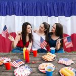 1 Pack 4th of July Plastic Table Skirts Decorations, Red White and Blue Patriotic Disposable Table Skirts, Fourth of July Table Party Decorations for Independence Memorial Veterans Day, 2.4 x 14 Ft