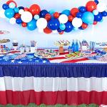 1 Pack 4th of July Plastic Table Skirts Decorations, Red White and Blue Patriotic Disposable Table Skirts, Fourth of July Table Party Decorations for Independence Memorial Veterans Day, 2.4 x 14 Ft