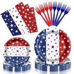 96 Pieces Patriotic Tableware Set Party Supplies - American Flag Pattern Disposable Dinnerware with Paper Plates, Napkins, Forks for Fourth of July, Memorial Day, Veterans Day, BBQ Picnic Favors