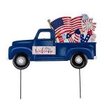 Glitzhome Patriotic Truck Yard Stake 23.5" Metal 4th of July Decor with Flag & Fireworks Rust-Proof Americana Welcome Sign for Lawn Porch Independence Day
