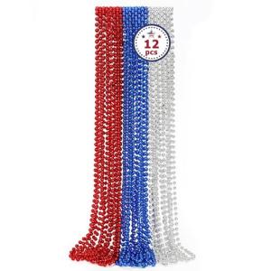 EOBOH 4th of July Party Favors, 12PCS Veterans Day Necklaces Bulk, Fourth of July Red Blue Silver Beads Necklace, Veterans Day Patriotic Beads Bulk for Parade Party Celebration Favors Decorations