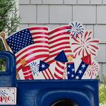 Glitzhome Patriotic Truck Yard Stake 23.5" Metal 4th of July Decor with Flag & Fireworks Rust-Proof Americana Welcome Sign for Lawn Porch Independence Day