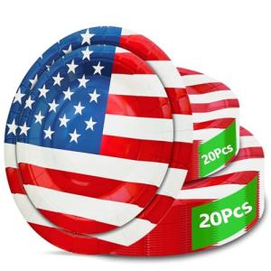 4th of July Plates, 40pcs Party Paper Plate Set Disposable 4th of july Party Food Dinner Dessert Plates Birthday Tableware Decorations Favors, Including 20pcs 9" and 20pcs 7" for 4th of july Plate