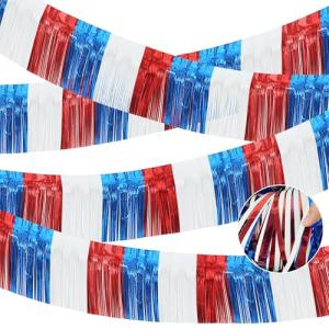 4 Packs Total 39 Feet 4th of July Parade Floats for Trailer Car, Red White Blue Foil Fringe Garland Patriotic Tinsel Streamers Banner Table Skirts for Graduation Homecoming Wedding Birthday Party