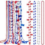 4th of July Necklace Accessories, 12PCS Veterans Day Beads Necklaces Bulk, Independence Day Red Blue White Stars USA Flags Necklace, Veterans Day Patriotic Bulk for Parade Party Favors Decorations