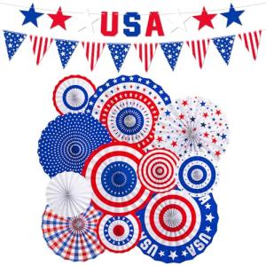 4th of July Decorations ，Patriotic Decorations Set - Celebrate with Red, White & Blue Paper Fans, USA Banner for Veterans, Labor, Presidents, & Flag Memorial Day