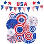 4th of July Decorations ，Patriotic Decorations Set - Celebrate with Red, White & Blue Paper Fans, USA Banner for Veterans, Labor, Presidents, & Flag Memorial Day