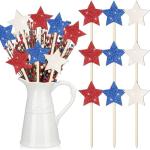 Vicenpal 24 Pcs Patriotic Glitter Wooden Star Picks Memorial Day Decorations 4th of July Double Sided Picks Red White Blue Decorative Vase Filler for Independence Day Home tabletop centerpieces