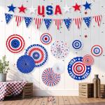 4th of July Decorations ，Patriotic Decorations Set - Celebrate with Red, White & Blue Paper Fans, USA Banner for Veterans, Labor, Presidents, & Flag Memorial Day