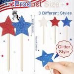 Vicenpal 24 Pcs Patriotic Glitter Wooden Star Picks Memorial Day Decorations 4th of July Double Sided Picks Red White Blue Decorative Vase Filler for Independence Day Home tabletop centerpieces