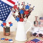Vicenpal 24 Pcs Patriotic Glitter Wooden Star Picks Memorial Day Decorations 4th of July Double Sided Picks Red White Blue Decorative Vase Filler for Independence Day Home tabletop centerpieces