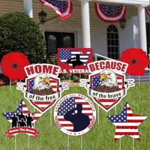 Soaoo 8 Pcs Veterans Day Yard Signs Decorations with 16 Pcs Stakes Weatherproof Patriotic Signs Decorations Thank You Veterans Day Military Party Supplies Garden Yard Lawn Outdoor Decor
