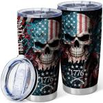 Equoza Patriotic American Flag Tumbler,20oz Insulated Stainless Steel Travel Coffee Mug with Lid,Skull Tumbler Gifts for Men