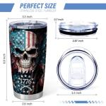 Equoza Patriotic American Flag Tumbler,20oz Insulated Stainless Steel Travel Coffee Mug with Lid,Skull Tumbler Gifts for Men