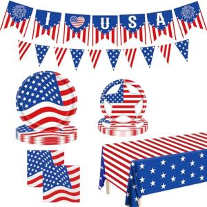 American Flag Tableware Set Patriotic Party Tableware Set,Veterans Gathering Party Decorations Patriotic Paper Plates and Napkins Tablecloth Memorial Independence Day Dinnerware for 20 Guests
