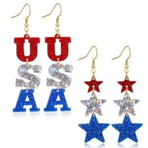 American Flag Earrings for Women - Patriotic Red White and Blue USA Star Drop Dangle Earrings 4th of July Outfit Independence Day Accessories Jewelry Gifts (USA & Star)