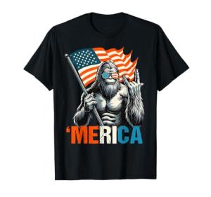 Bigfoot Merica Rock American Flag Patriotic 4th Of July T-Shirt