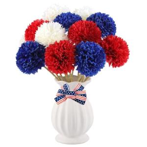 Rowfad 12 Pcs Artificial Chrysanthemums Flowers Patriotic Flowers 4th of July Fake Mums Flowers Silk Red White Blue Flower for Home Decor Indoor Memorial Day Table Centerpiece (12, Red White Blue)