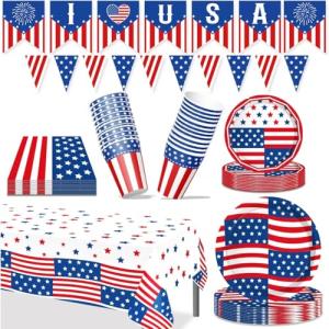 4th of July Paper Plates and Napkins,Independence Day Table Decorations and party Supplies Accessories,Memorial Day Tableware Table Cloth Patriotic Red White Blue American Flag Banner Disposable Cups