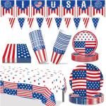 4th of July Paper Plates and Napkins,Independence Day Table Decorations and party Supplies Accessories,Memorial Day Tableware Table Cloth Patriotic Red White Blue American Flag Banner Disposable Cups