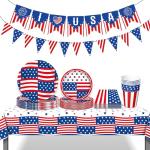 4th of July Paper Plates and Napkins,Independence Day Table Decorations and party Supplies Accessories,Memorial Day Tableware Table Cloth Patriotic Red White Blue American Flag Banner Disposable Cups