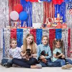 LOLStar 4th of July Decorations,2 Pack Red White and Blue Wavy Metallic Tinsel Foil Fringe Table Skirt for Rectangle and Round Tables, Perfect Table Decorations for Memorial Day,Labor Day,Veterans Day