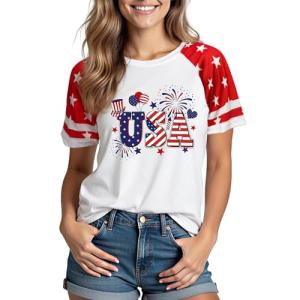 XLIEVO 4th of July Shirts Women:USA Color-Blocking Short-Sleeve American Flag Crew Neck Graphic Tee Patriotism T-Shirt
