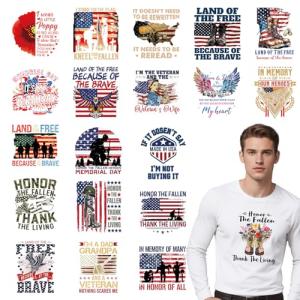 Falueqg Dtf Transfers Ready to Press - 20Pcs Veteran's Day Iron on Transfer for Tshirts, Patriotic USA Military Iron on Decals Patches, America Flag Heat Stickers for DIY Veteran Gifts Clothes Bags