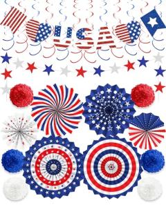 26 Pcs 4th of July Decorations Outdoor, Patriotic Decorations LOVE USA Banner Red White Blue Paper Fans Hanging Swirls Pompoms Independence Day Decor for Veterans, Memorial, Fourth of July