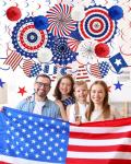 26 Pcs 4th of July Decorations Outdoor, Patriotic Decorations LOVE USA Banner Red White Blue Paper Fans Hanging Swirls Pompoms Independence Day Decor for Veterans, Memorial, Fourth of July