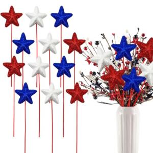 12 Pcs 4th of July Glitter Puffy Star Picks Americana Sparkly Red White Blue Patriotic Decor Foam Star Sticks for Memorial Day National Day Independence Day Party Table Centerpieces Decoration
