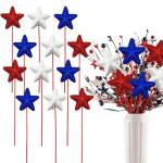 12 Pcs 4th of July Glitter Puffy Star Picks Americana Sparkly Red White Blue Patriotic Decor Foam Star Sticks for Memorial Day National Day Independence Day Party Table Centerpieces Decoration
