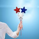 12 Pcs 4th of July Glitter Puffy Star Picks Americana Sparkly Red White Blue Patriotic Decor Foam Star Sticks for Memorial Day National Day Independence Day Party Table Centerpieces Decoration