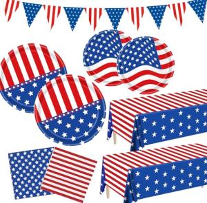 Patriotic Party Supplies, American Flag Patriotic Plates Party Decorations, 4th of July Paper Plates and Napkins, Tablecloths, Banner, Memorial Independence Day Red White Blue Decor Sets, Serve 25