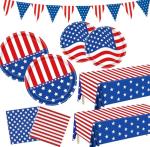 Patriotic Party Supplies, American Flag Patriotic Plates Party Decorations, 4th of July Paper Plates and Napkins, Tablecloths, Banner, Memorial Independence Day Red White Blue Decor Sets, Serve 25