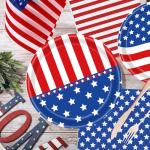 Patriotic Party Supplies, American Flag Patriotic Plates Party Decorations, 4th of July Paper Plates and Napkins, Tablecloths, Banner, Memorial Independence Day Red White Blue Decor Sets, Serve 25
