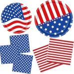 Patriotic Party Supplies, American Flag Patriotic Plates Party Decorations, 4th of July Paper Plates and Napkins, Tablecloths, Banner, Memorial Independence Day Red White Blue Decor Sets, Serve 25
