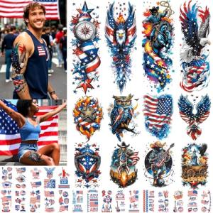 32 Sheets Independence Day Temporary Tattoos, USA Flag Patriotic Waterproof Fake Tattoos, Red White Blue Party Supplies Temp Tattoo Kits 4th of July Memorial Day, Veterans Day, Summer Festivals