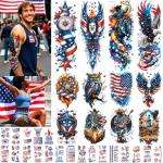 32 Sheets Independence Day Temporary Tattoos, USA Flag Patriotic Waterproof Fake Tattoos, Red White Blue Party Supplies Temp Tattoo Kits 4th of July Memorial Day, Veterans Day, Summer Festivals
