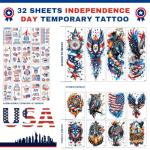32 Sheets Independence Day Temporary Tattoos, USA Flag Patriotic Waterproof Fake Tattoos, Red White Blue Party Supplies Temp Tattoo Kits 4th of July Memorial Day, Veterans Day, Summer Festivals